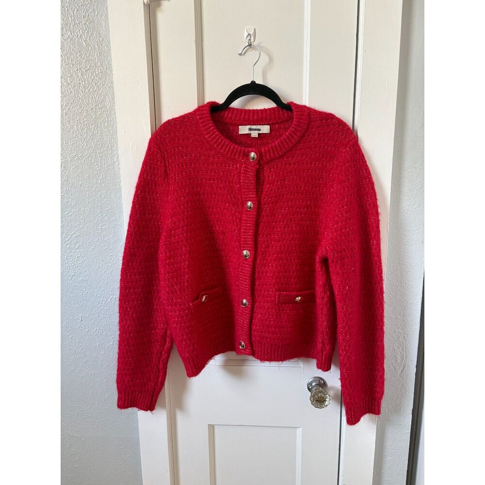 LOFT Cherry Red Textured Cardigan Sweater Lady Jacket Women's XL Buttons Pockets